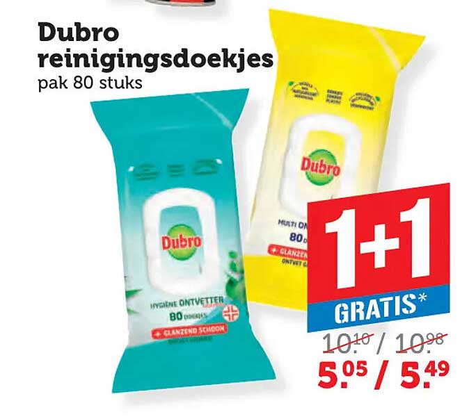 Dubro reinigingsdoekjes pak 80 stuks 1+1 GRATIS*
