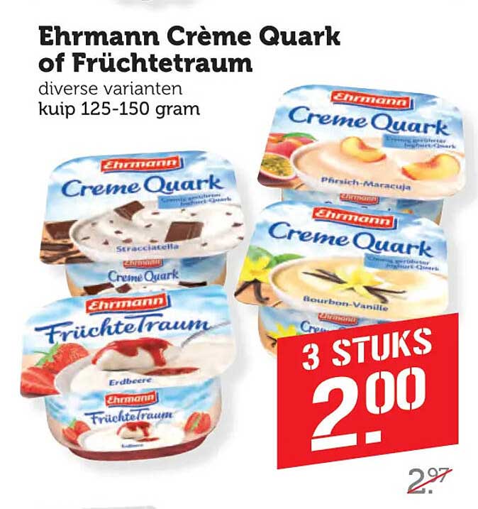 Ehrmann Crème Quark of FrüchteTraum diverse varianten kuip 125-150 gram 3 STUKS