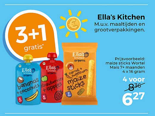 Ella’s Kitchen M.u.v. maaltijden en grootverpakkingen. 3+1 gratis