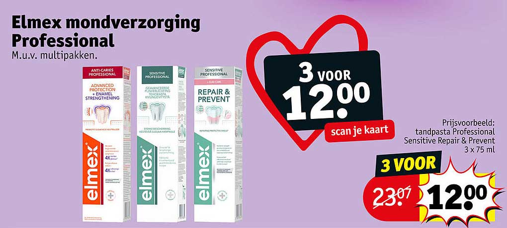 Elmex mondverzorging Professional M.u.v. multipakken. 3 voor 12.00 scan je kaart
