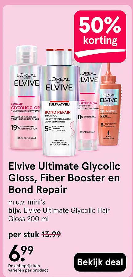 Elvive Ultimate Glycolic Gloss, Fiber Booster en Bond Repair 50% korting