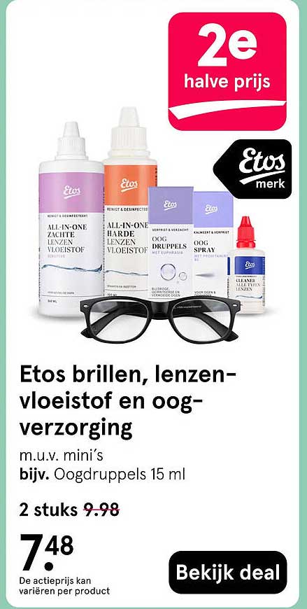 Etos brillen, lenzen-vloeistof en oog-verzorging 2e halve prijs