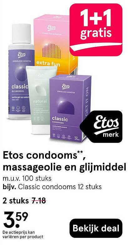 Etos condooms, massageolie en glijmiddel 1+1 gratis