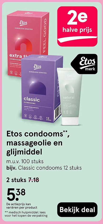 Etos condooms, massageolie en glijmiddel 2e halve prijs