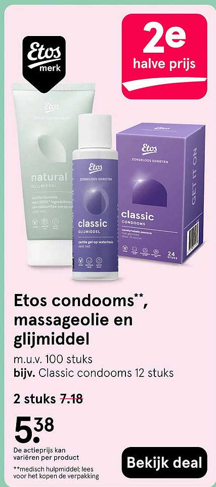 Etos condooms**, massageolie en glijmiddel 2e halve prijs