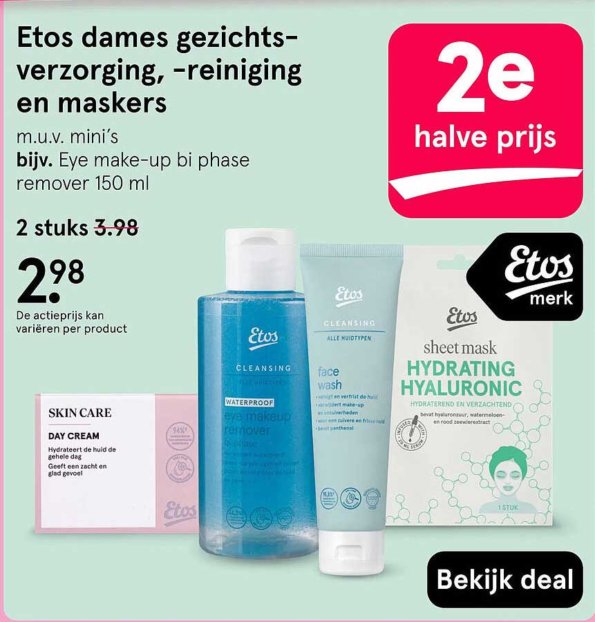 Etos dames gezichtsverzorging, -reiniging en maskers 2e halve prijs