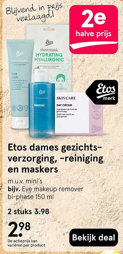 Etos dames gezichtsverzorging, -reiniging en maskers 2e halve prijs