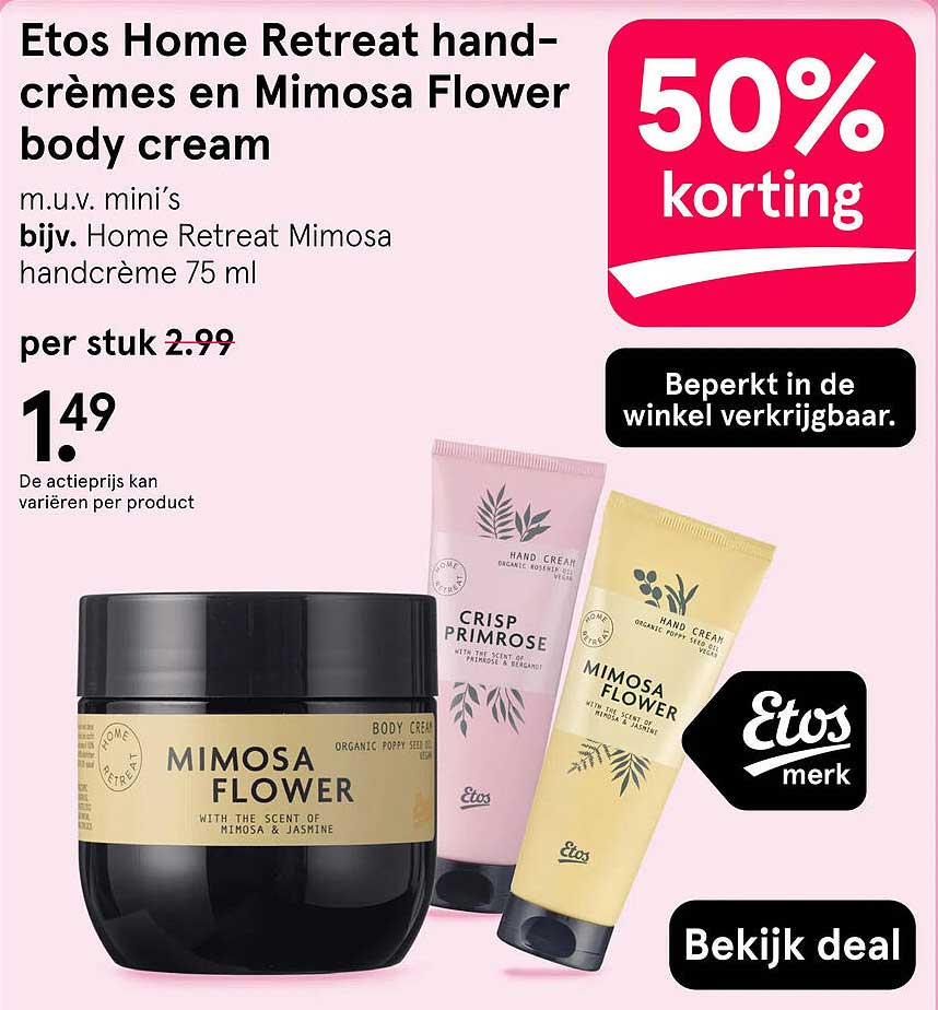 Etos Home Retreat hand-crèmes en Mimosa Flower body cream