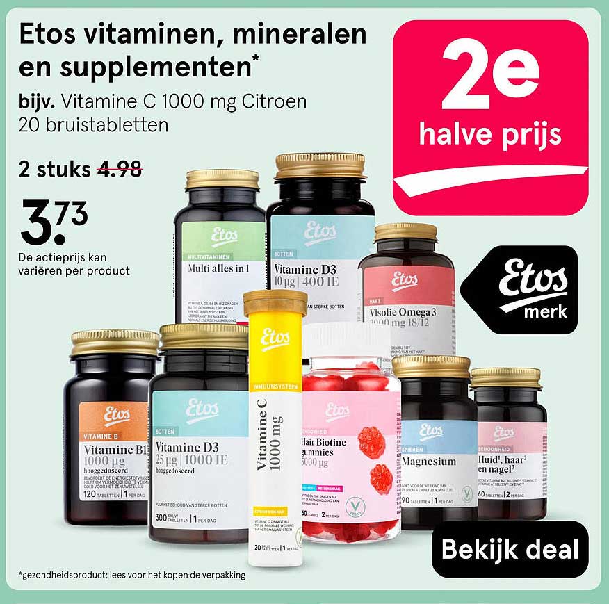 Etos vitaminen, mineralen en supplementen* 2e halve prijs