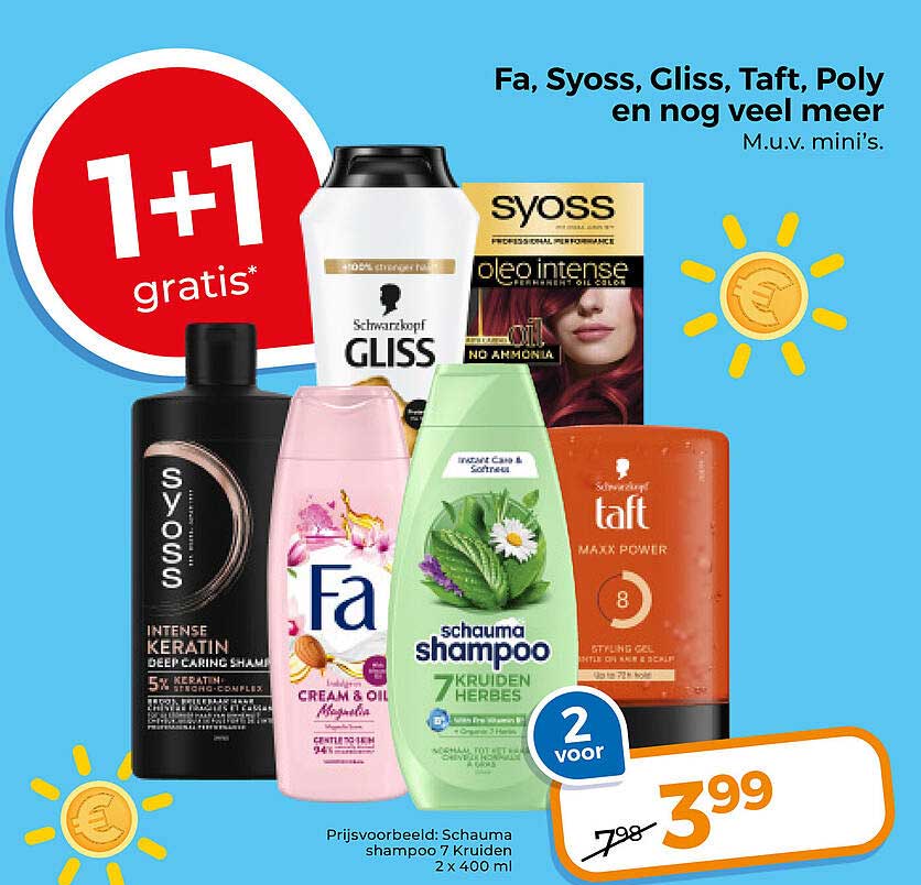 Fa, Syoss, Gliss, Taft, Poly en nog veel meer 1+1 gratis