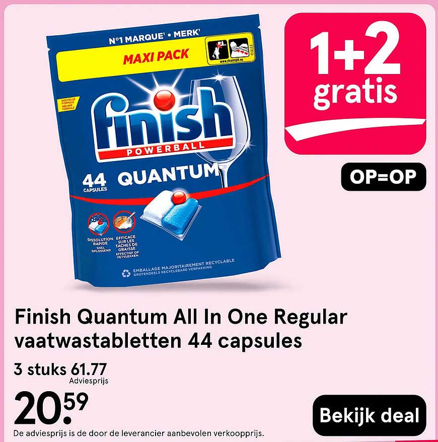 Finish Quantum All In One Regular vaatwastabletten 44 capsules 1+2 gratis OP=OP