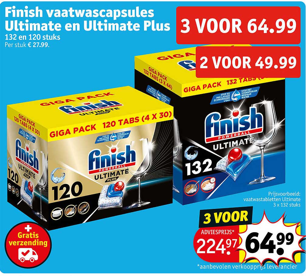 Finish vaatwascapsules Ultimate en Ultimate Plus 132 en 120 stuks 3 voor 64.99