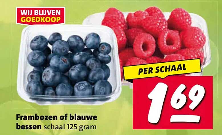 Frambozen of blauwe bessen schaal 125 gram PER SCHAAL