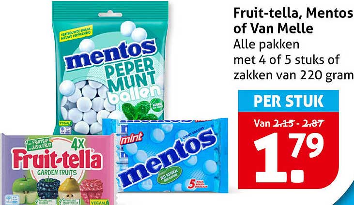 Fruit-tella, Mentos of Van Melle Alle pakken met 4 of 5 stuks of zakken van 220 gram PER STUK