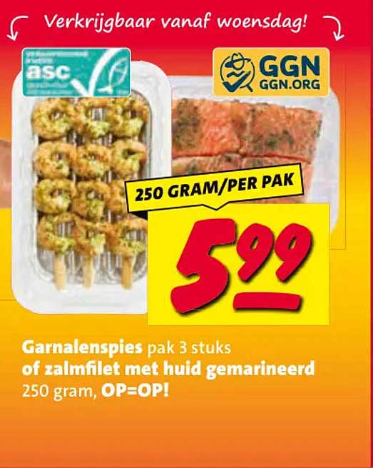 Garnalenspies pak 3 stuks of zalmfilet met huid gemarineerd 250 gram, OP=OP!