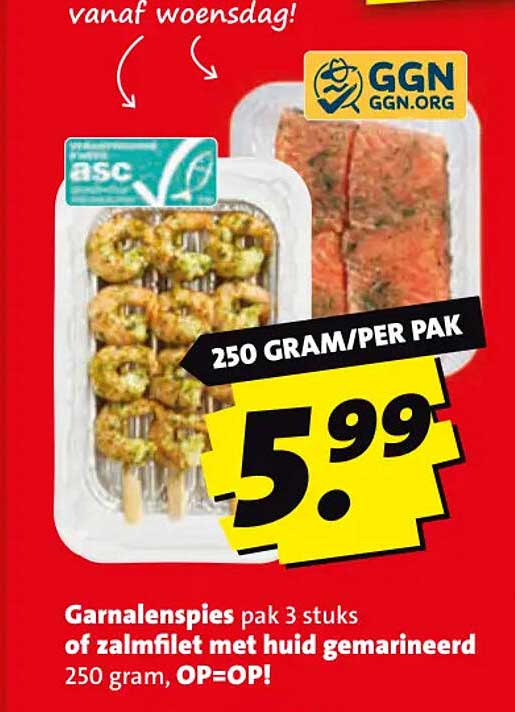 Garnalenspies pak 3 stuks of zalmfilet met huid gemarineerd 250 gram, OP=OP!
