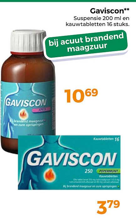 Gaviscon** Suspensie 200 ml en kauwtabletten 16 stuks. bij acuut brandend maagzuur