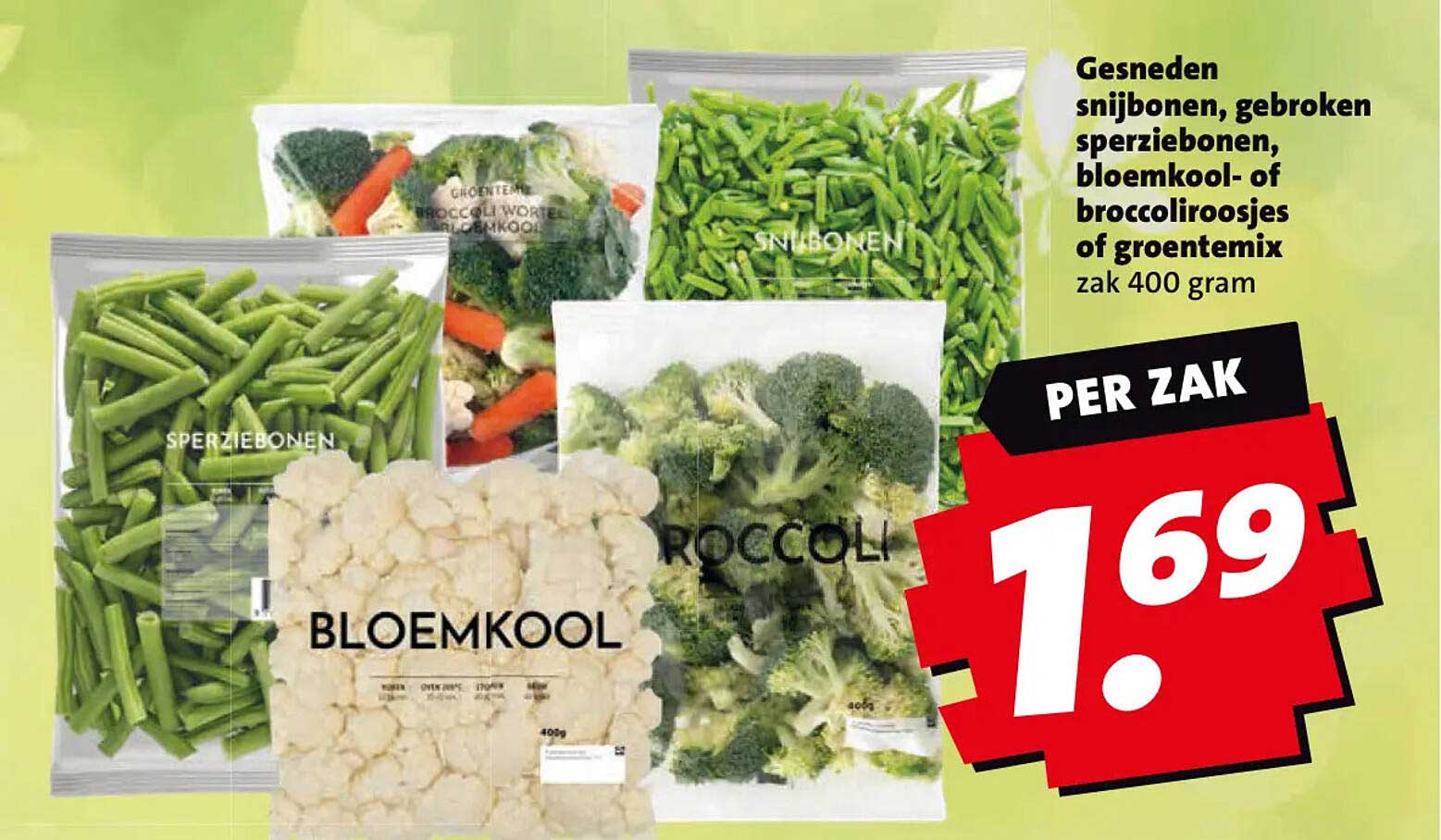 Gesneden snijbonen, gebroken sperziebonen, bloemkool- of broccoliroosjes of groentemix zak 400 gram