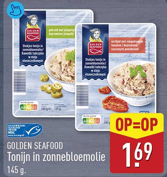 GOLDEN SEAFOOD Tonijn in zonnebloemolie 145 g. OP=OP