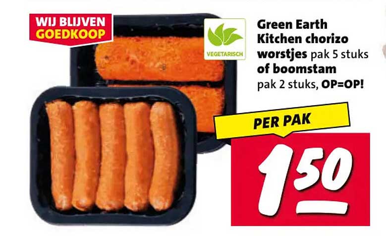 Green Earth Kitchen chorizo worstjes pak 5 stuks of boomstam pak 2 stuks, OP=OP!