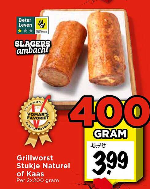 Grillworst Stukje Naturel of Kaas Per 2x200 gram
