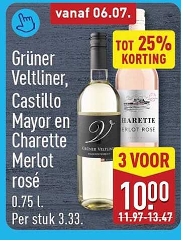 Grüner Veltliner, Castillo Mayor en Charette Merlot rosé 0.75 l. Tot 25% korting 3 voor 10.00