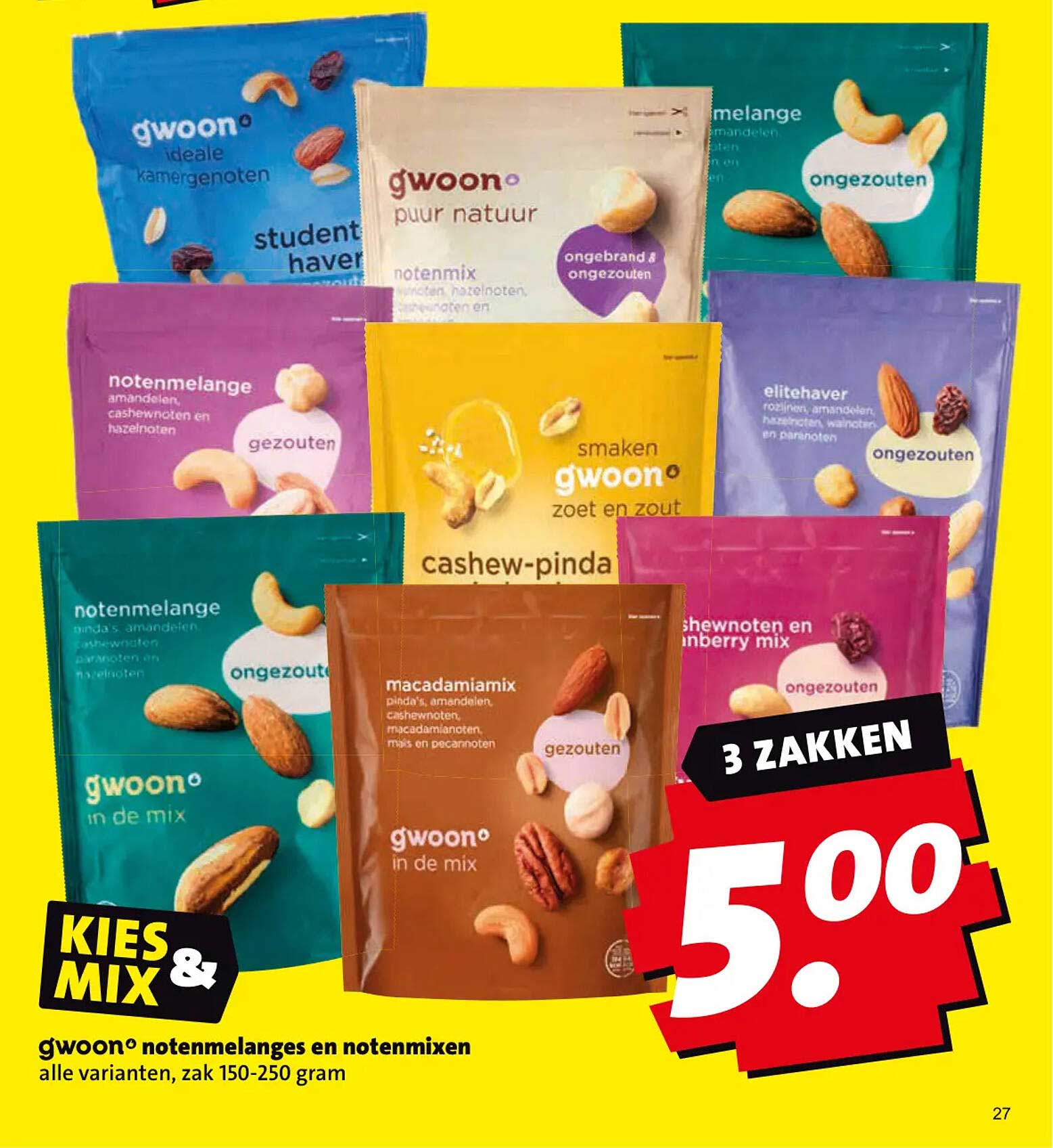 g'woon notenmenges en notenmixen, alle varianten, zak 150-250 gram - Kies & Mix, 3 zakken