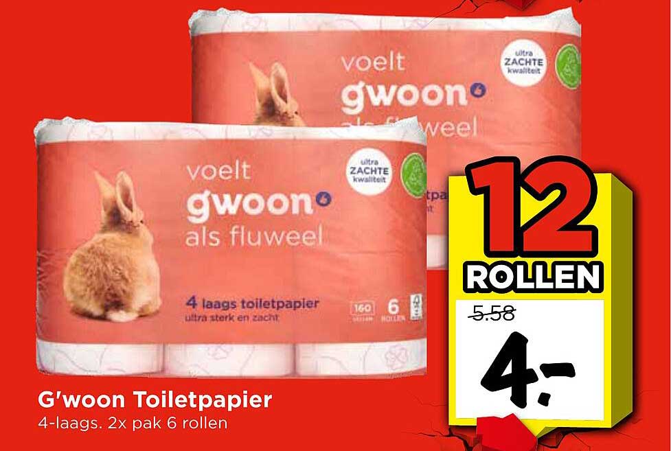 G'woon Toiletpapier 4-laags. 2x pak 6 rollen