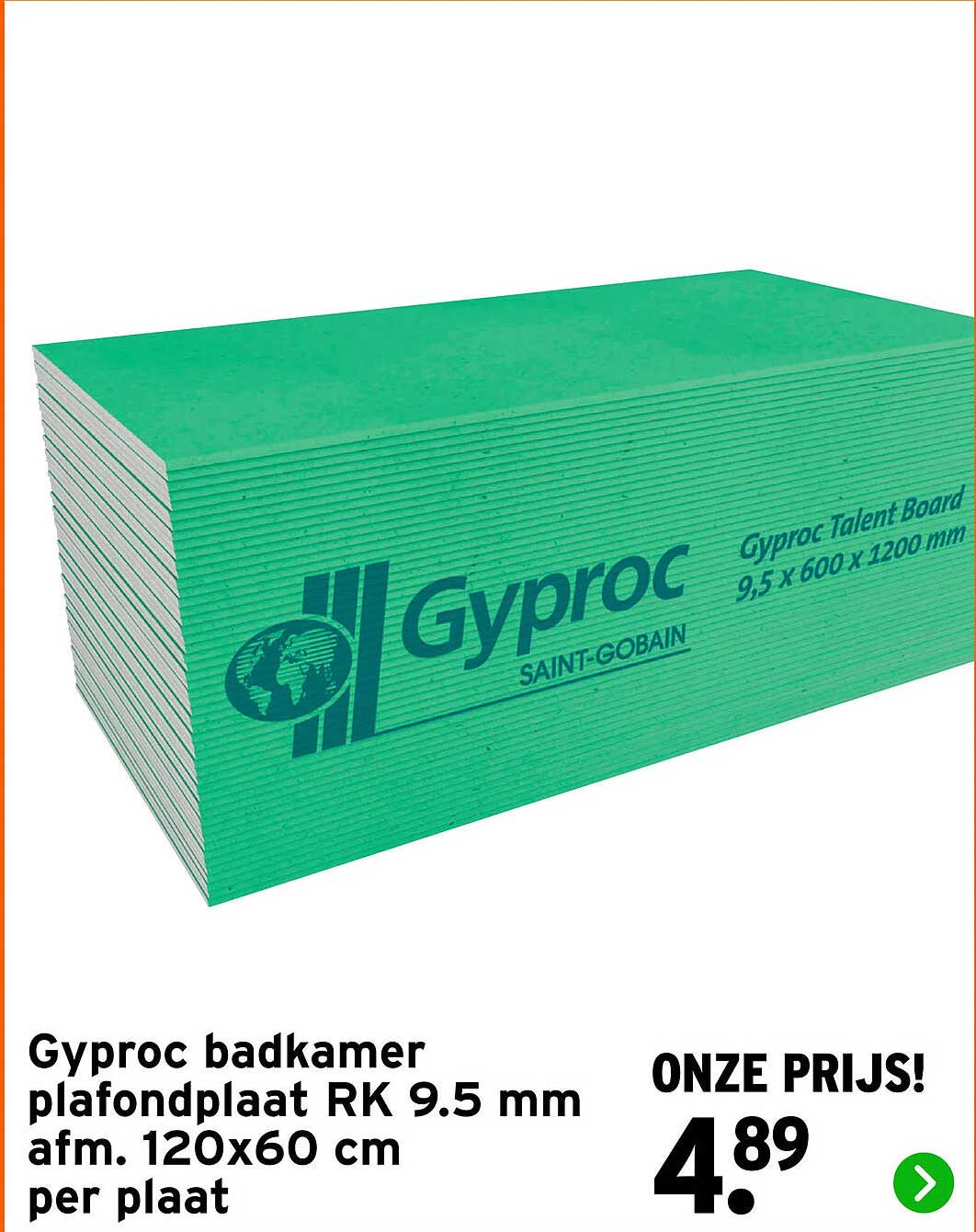 Gyproc badkamer plafondplaat RK 9,5 mm afm. 120x60 cm per plaat
