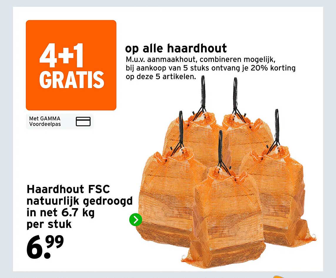 Haardhout FSC natuurlijk gedroogd in net 6.7 kg per stuk 4+1 GRATIS