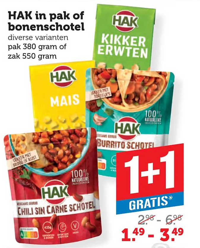 HAK in pak of bonenschotel diverse varianten pak 380 gram of zak 550 gram 1+1 gratis