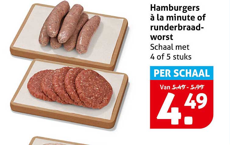 Hamburgers à la minute of runderbraadworst Schaal met 4 of 5 stuks PER SCHAAL