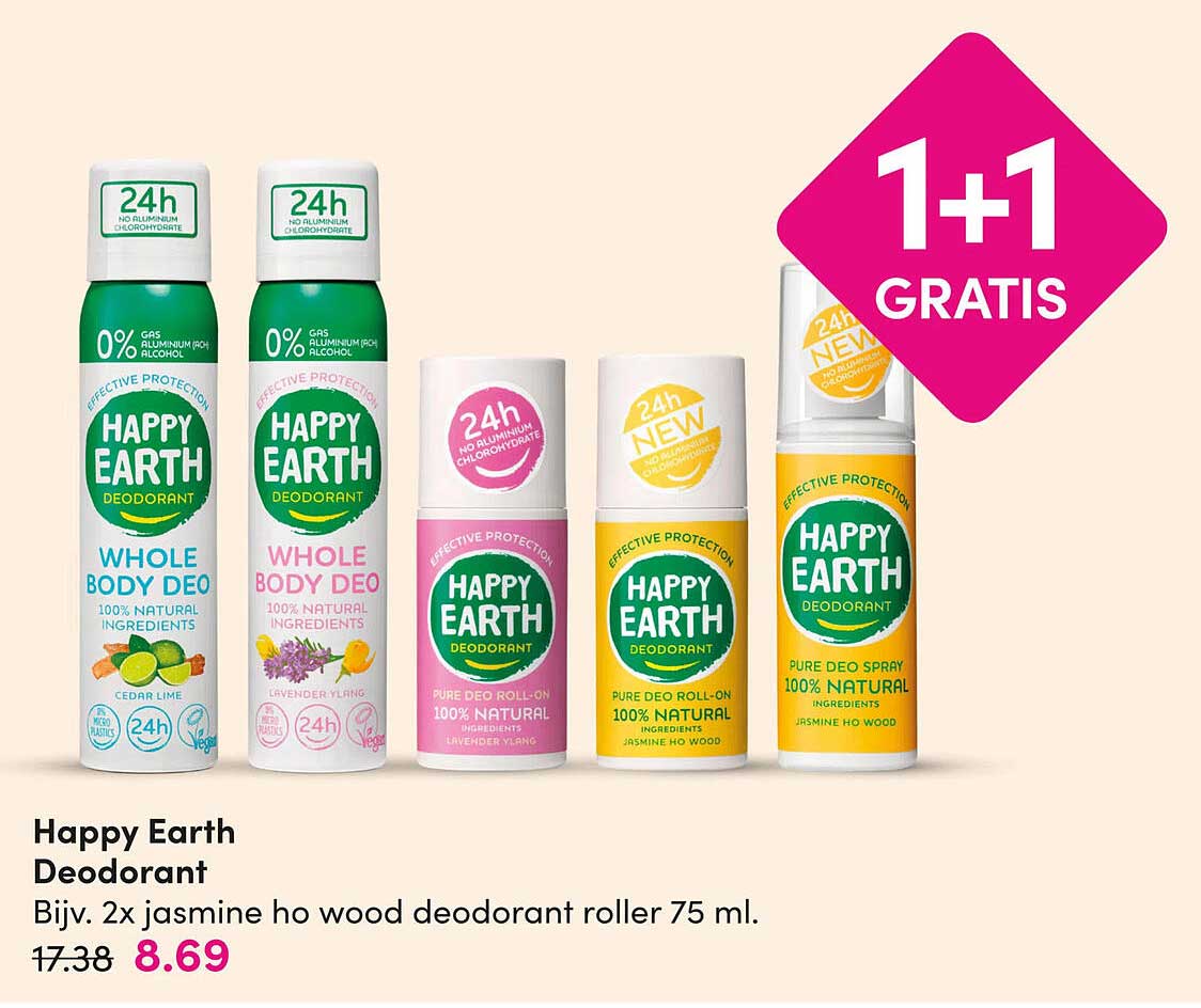 Happy Earth Deodorant Bijv. 2x jasmine ho wood deodorant roller 75 ml. 1+1 GRATIS