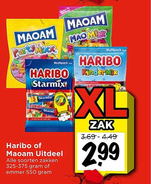 Haribo of Maoam Uitdeel Alle soorten zakken 325-375 gram of emmer 550 gram XL ZAK