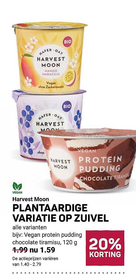 Harvest Moon PLANTAARDIGE VARIATIE OP ZUIVEL alle varianten bijv: Vegan protein pudding chocolate tiramisu, 120 g 20% KORTING