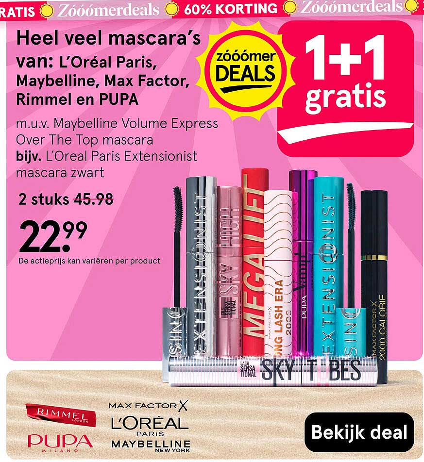 Heel veel mascara’s van: L’Oréal Paris, Maybelline, Max Factor, Rimmel en PUPA 1+1 gratis