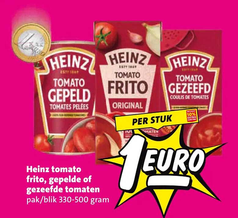 Heinz tomato frito, gepelde of gezeefde tomaten pak/blik 330-500 gram