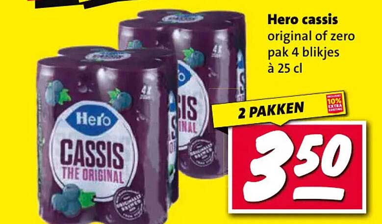 Hero cassis original of zero pak 4 blikjes à 25 cl 2 pakken