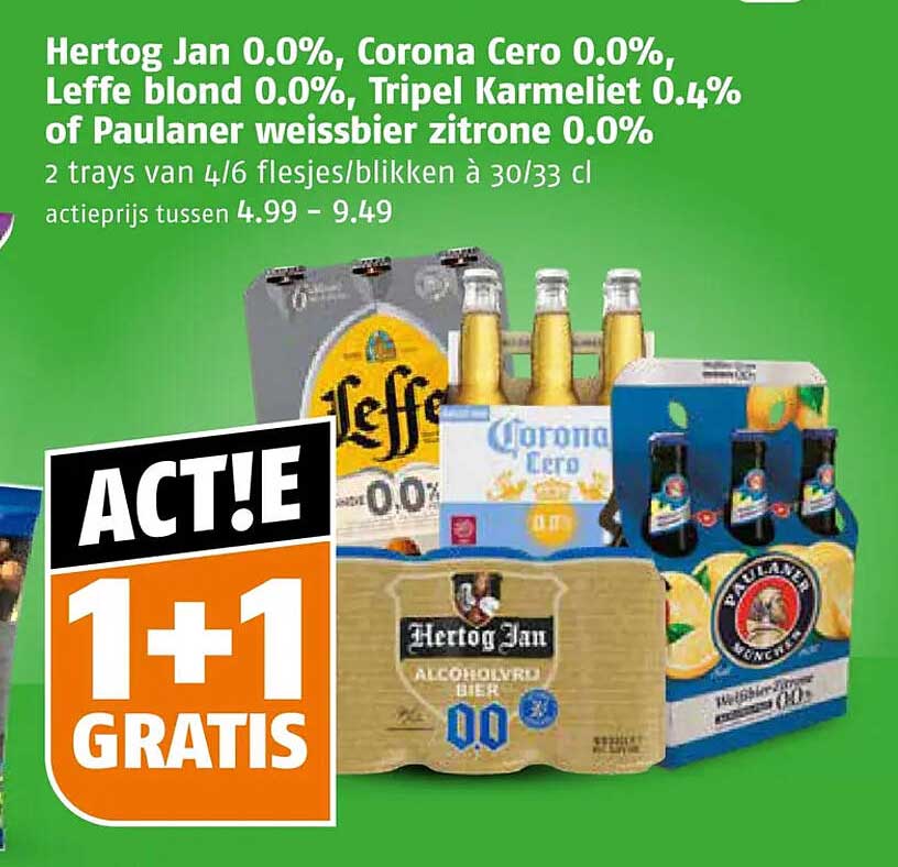 Hertog Jan 0.0%, Corona Cero 0.0%, Leffe blond 0.0%, Tripel Karmeliet 0.4% of Paulaner weissbier zitrone 0.0% 1+1 GRATIS