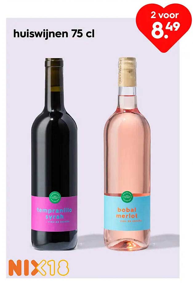 huiswijnen 75 cl 2 voor 8.49