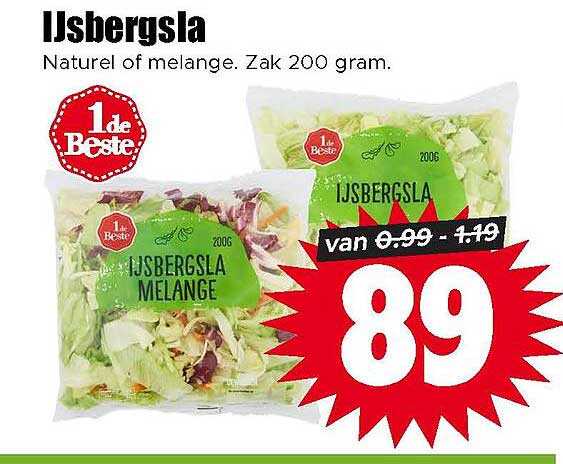 IJsbergsla Naturel of melange. Zak 200 gram.