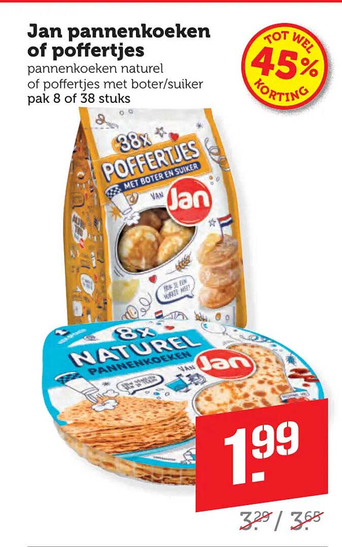 Jan pannenkoeken of poffertjes pannenkoeken naturel of poffertjes met boter/suiker pak 8 of 38 stuks