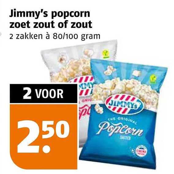 Jimmy's popcorn zoet zout of zout 2 zakken à 80/100 gram 2 voor