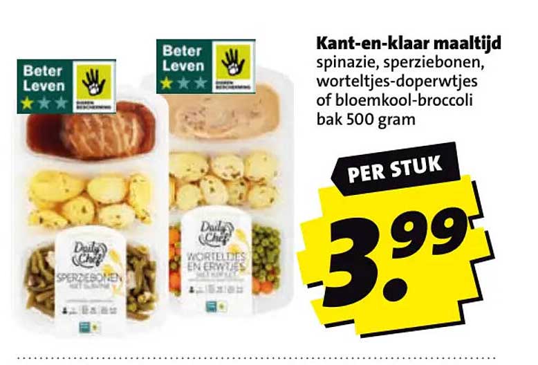 Kant-en-klaar maaltijd spinazie, sperziebonen, worteltjes-doperwtjes of bloemkool-broccoli bak 500 gram