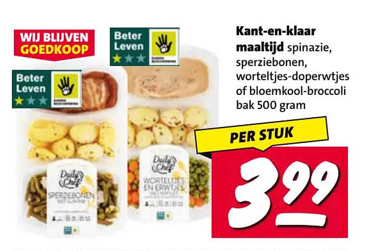 Kant-en-klaar maaltijd spinazie, sperziebonen, worteltjes-doperwtjes of bloemkool-broccoli bak 500 gram PER STUK