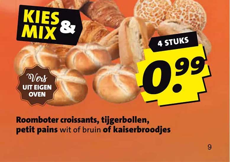 Kies mix & 4 stuks Roomboter croissants, tijgerbollen, petit pains wit of bruin of kaiserbroodjes
