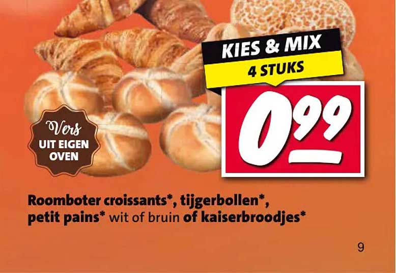 Kies & mix 4 stuks Roomboter croissants*, tijgerbollen*, petit pains* wit of bruin of kaiserbroodjes*