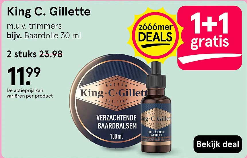 King C. Gillette m.u.v. trimmers bijv. Baardolie 30 ml 1+1 gratis