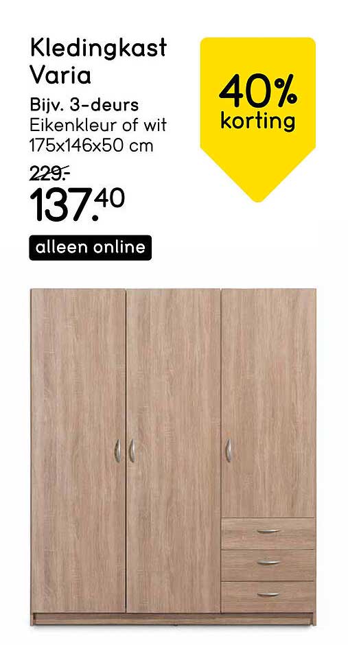 Kledingkast Varia Bijv. 3-deurs Eikenkleur of wit 175x146x50 cm 40% korting