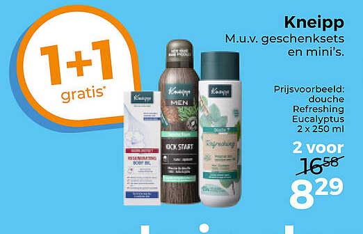 Kneipp M.u.v. geschenksets en mini's. Prijsvoorbeeld: douche Refreshing Eucalyptus 2 x 250 ml 2 voor 8,29 1+1 gratis